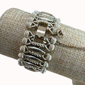 Vintage Coro Gold-Tone Chunky Woven Bracelet With Safety Chain 7 Inches Mid-Cent